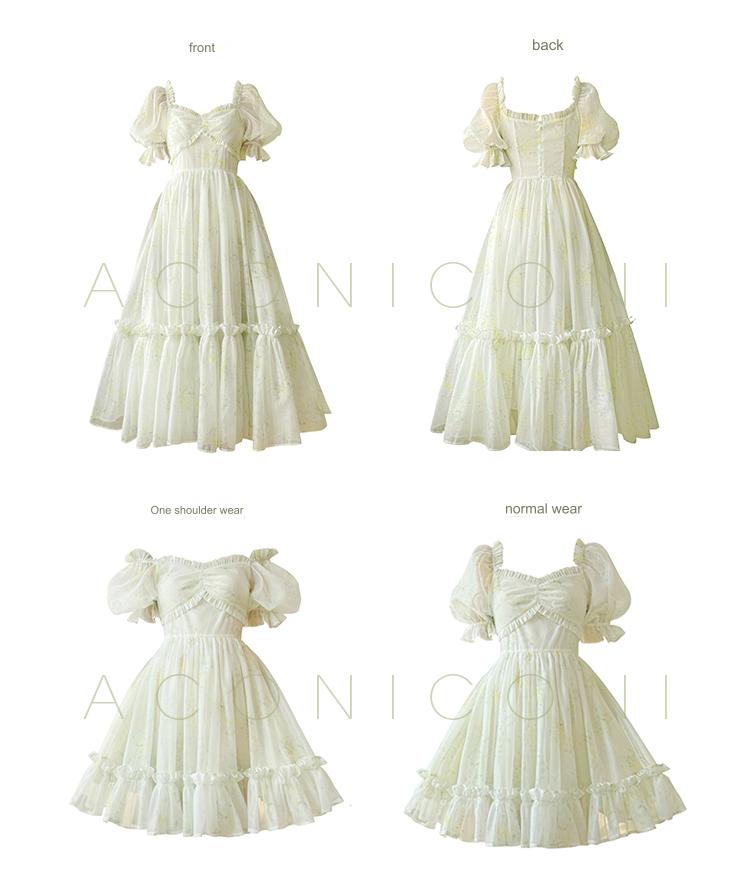 Aconiconi Luxury Off White floral print Puff Sleeve French cottaage bridal Dress- Yurui Chuning