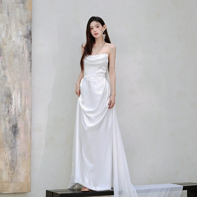 DOLLY Luxury White Bandeau Stain High Waist Long Wedding Dress-Lola