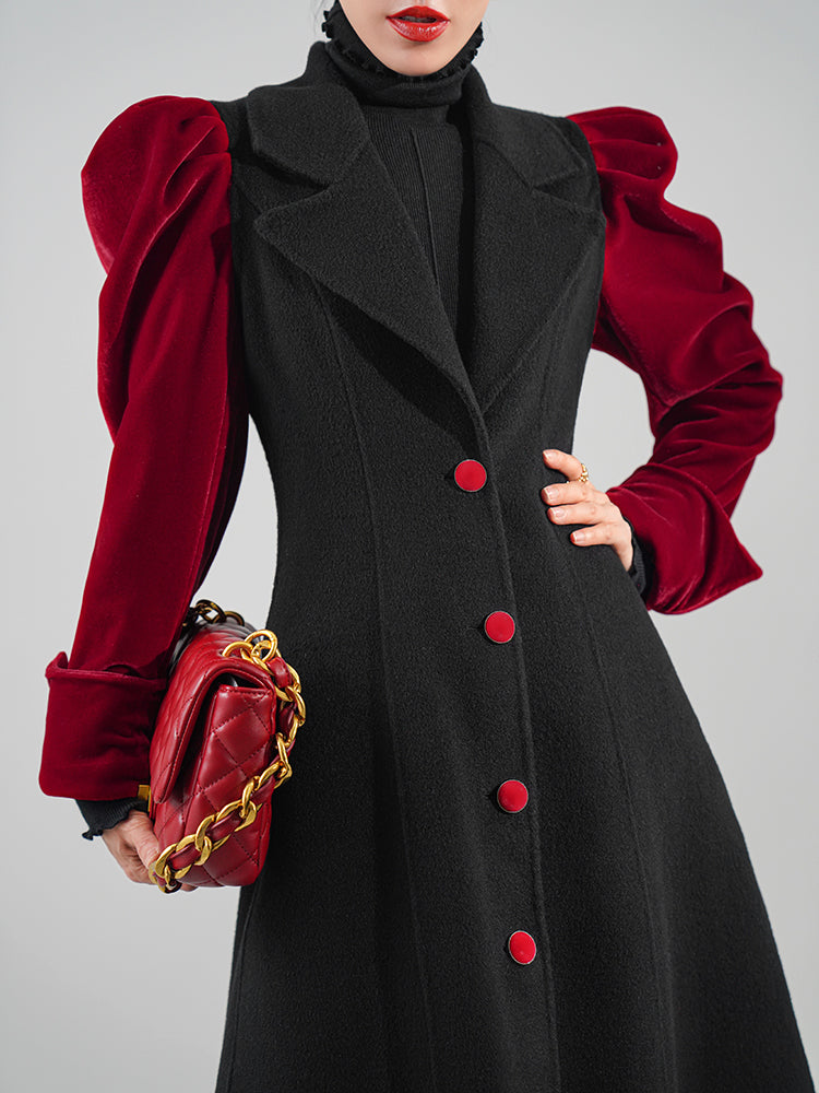 Huanzi haute couture French vintage contrast puff sleeves cinched waist double-sided cashmere coat women's autumn winter tweed coat