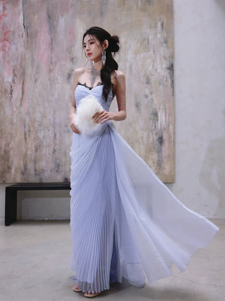 DOLLY Elegant Light Purple Greek Style Sleeveless Bandage Pleated Long Dress-Fog