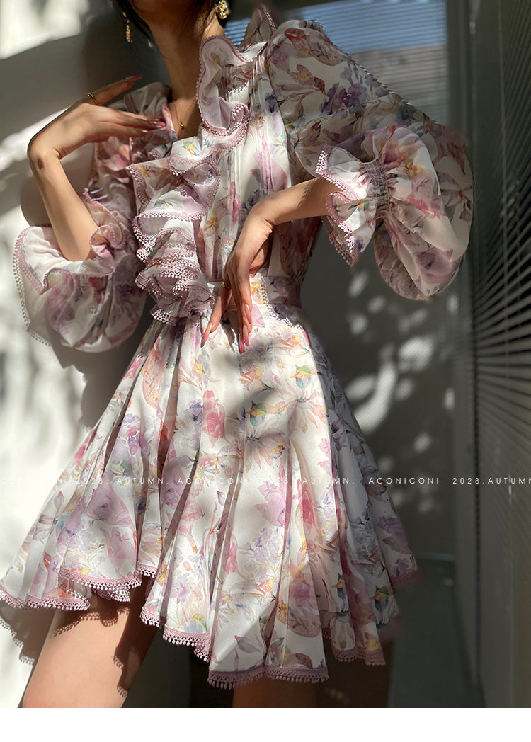 Aconiconi| High end designer printed top shirt + A-line skirt suit - Hyacinth
