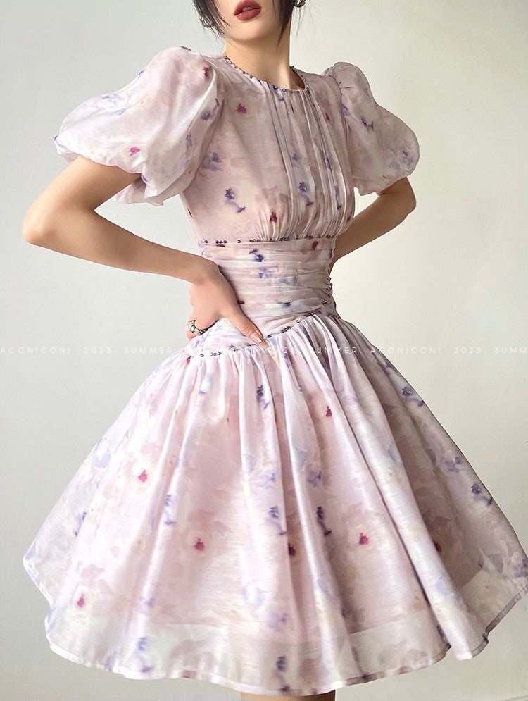 Aconiconi Luxury French Lilac Short Puff Sleeves Dress- Butterfly Dancing Firefly