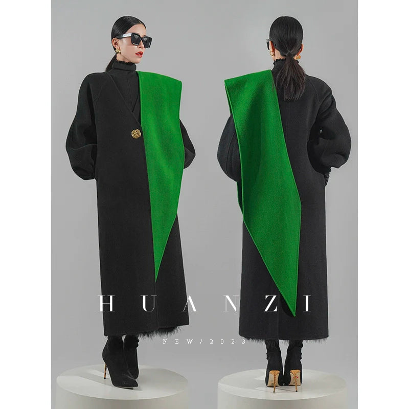 Huanzi designer double-sided cashmere coat mid-length contrast autumn  winter wool coat - Time