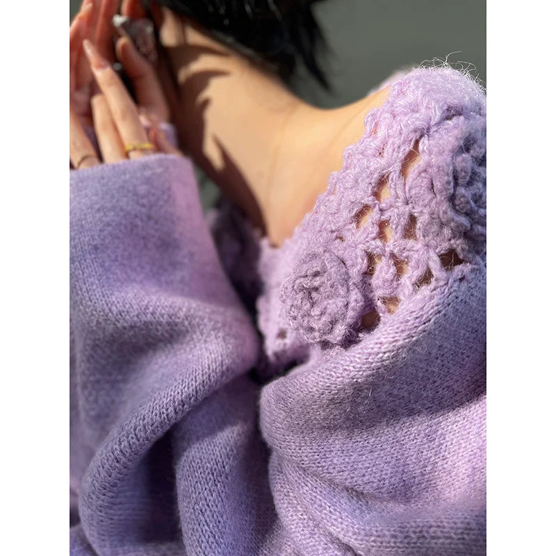 Aconiconi|Purple Flower Crochet openwork long cropped loose wool knit sweater  dress - Twilight