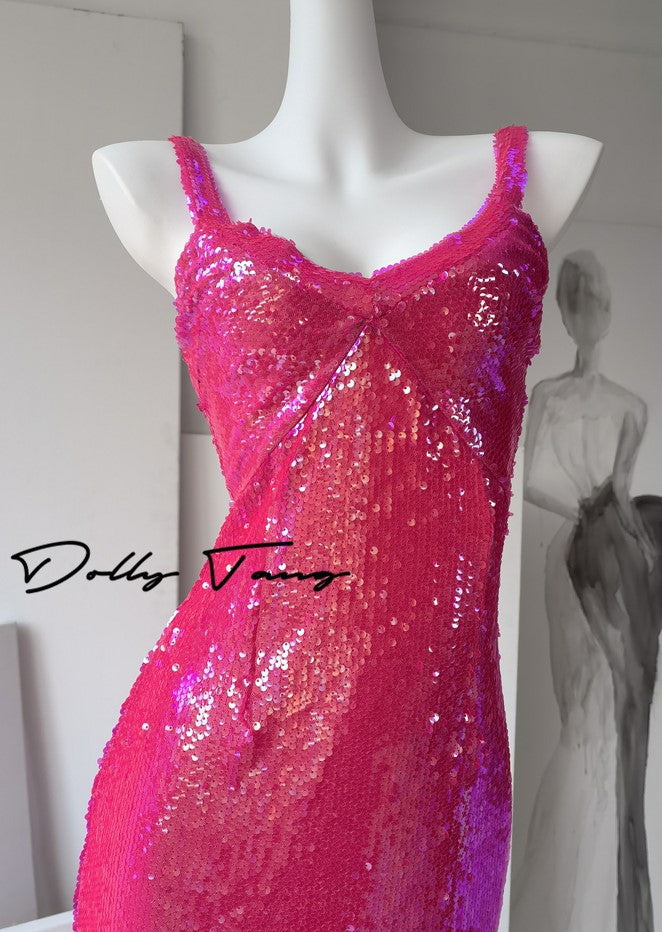 DOLLY Elegant Pink Barbie V-Neck Sleeveless Sequin Long Party Dress-JOY