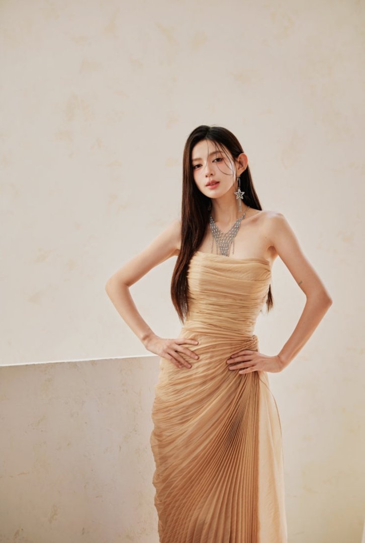 DOLLY High End Apricot Sleeveless Bandeau Slim Fit Pleated Cocktail Dress- Samai