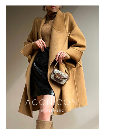 Aconiconi Elegant Brown Suit Collar Double Breasted Long Sleeve Long Coat- Ximu Lover