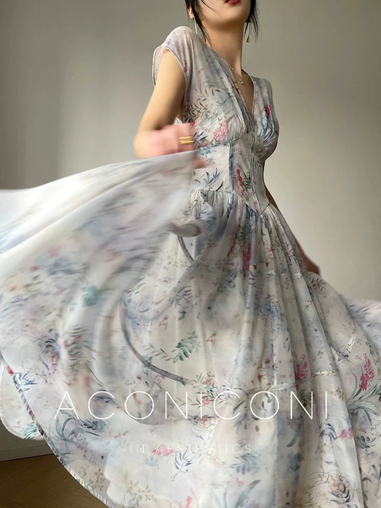 Aconiconi  high-end V-neck A-Line Vintage printed tea summer dress- Yufu fairy