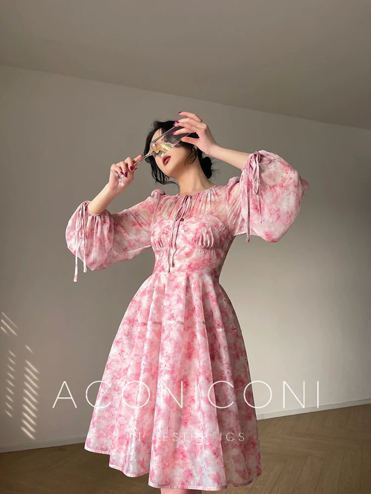 Aconiconi Pink Crew Neck Long Sleeve High Waist A-Line Short Dress- Spring Brewing