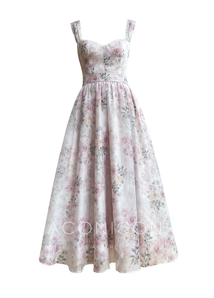 Aconiconi Elegant French Lace Print Long Summer Dress- Spring Pond Flowers