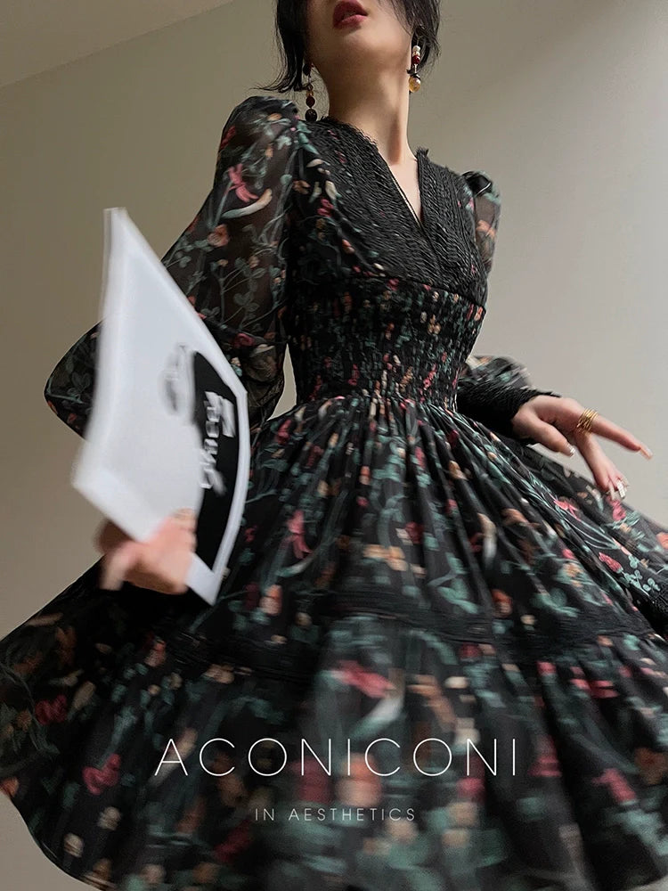 Aconiconi Elegant French Print Retro V-Neck Lace Tea Dress- Night Rose