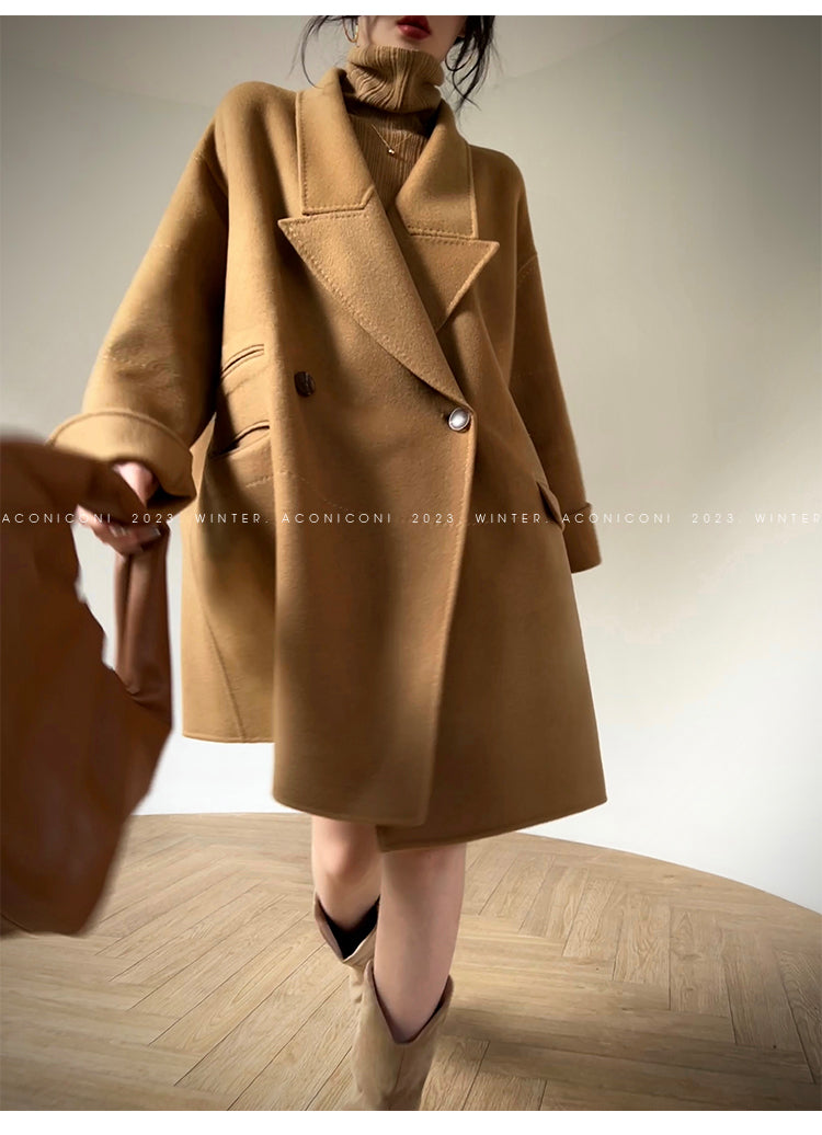 Aconiconi Elegant Brown Suit Collar Double Breasted Long Sleeve Long Coat- Ximu Lover