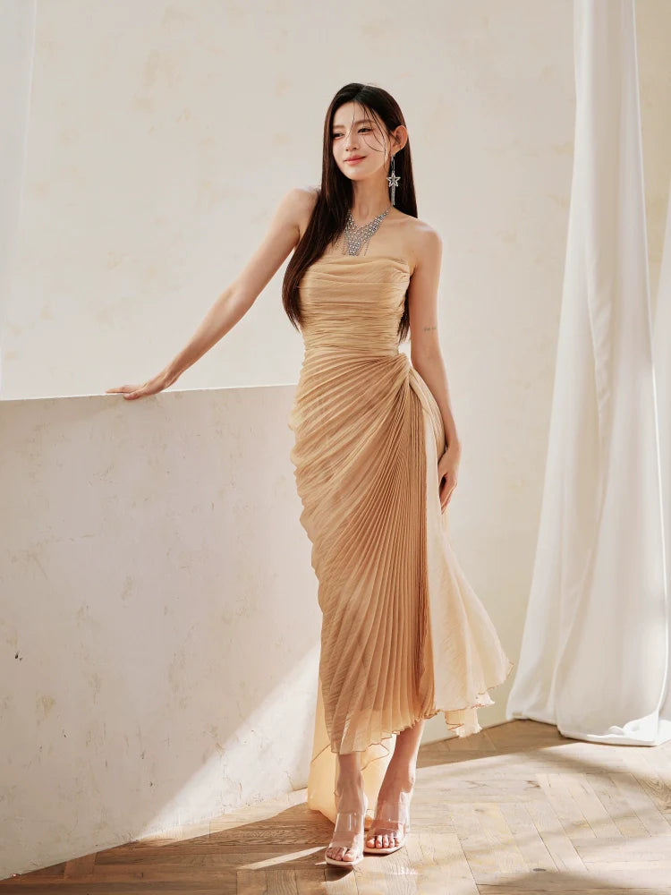 DOLLY High End Apricot Sleeveless Bandeau Slim Fit Pleated Cocktail Dress- Samai