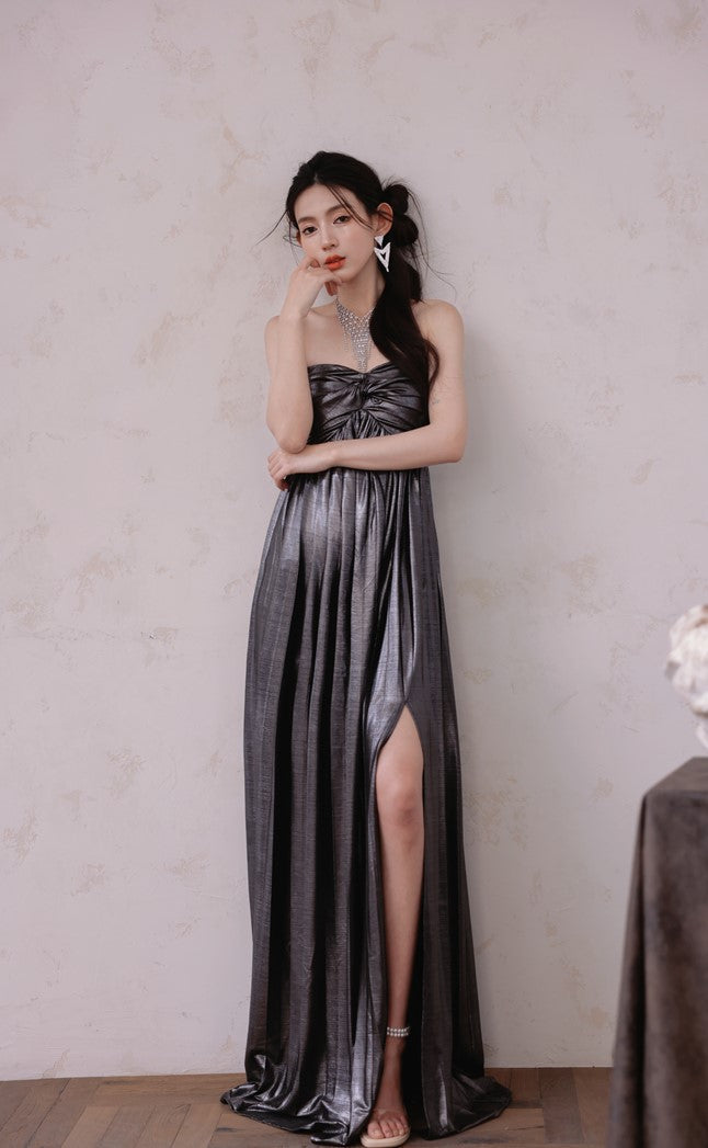 DOLLY Luxury Metallic Ash Pleated Tube Top Long Slit Dress-VIVA