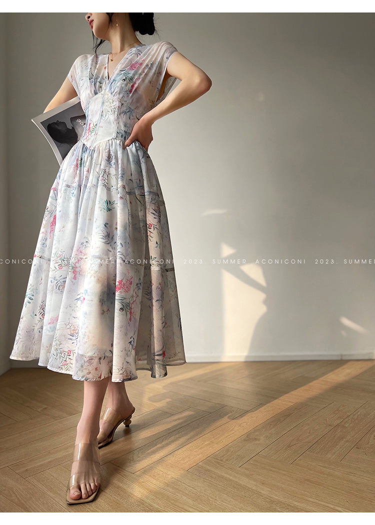 Aconiconi  high-end V-neck A-Line Vintage printed tea summer dress- Yufu fairy