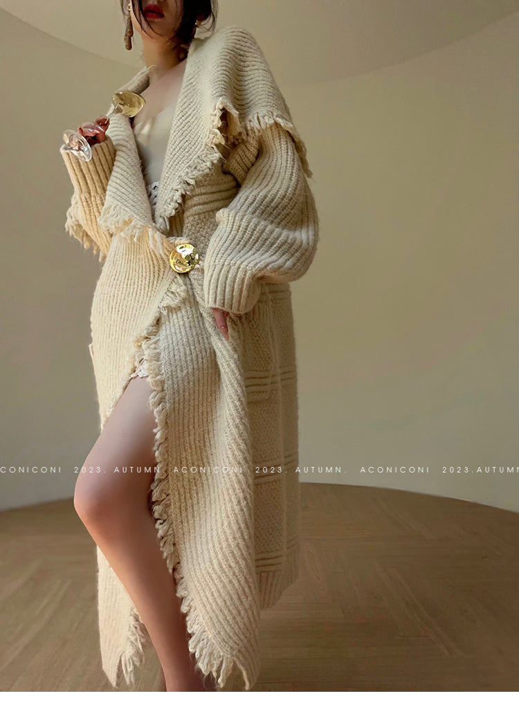 Aconiconi Boho Long Loose Knitted Sweater Tassel Jacket-Loose Tea Quinoa