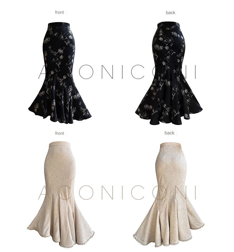 Aconiconi Elegant French Print Hip Hug Fishtail Long Chic Skirt- Miyu Tsukino