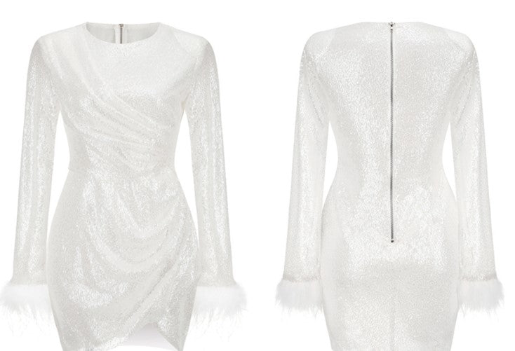 DOLLY Elegant White Crew Neck Long Sleeve Short Sequin Sexy Birthday Dress-LAYLA