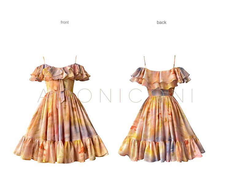 Aconiconi Elegant Oil Painting Square Collar Ruffle cocktail Dress- Floating Light Painting Summer