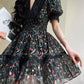 Aconiconi Elegant French Print Retro V-Neck Lace Tea Dress- Night Rose