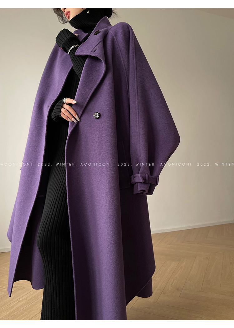 Aconiconi Autumn purple tan double-sided heavy wool cloak jacket long coat - Maple