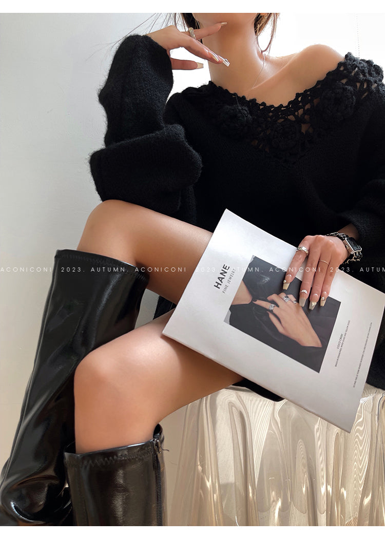 Aconiconi|Purple Flower Crochet openwork long cropped loose wool knit sweater  dress - Twilight