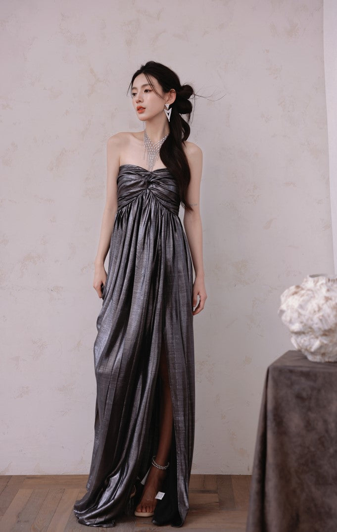 DOLLY Luxury Metallic Ash Pleated Tube Top Long Slit Dress-VIVA