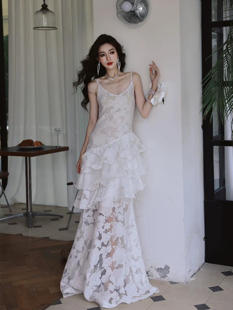 DOLLY Elegant White Flower Embroidery Lace Ruffle Layered Dinner Dress-DAISY  (V)