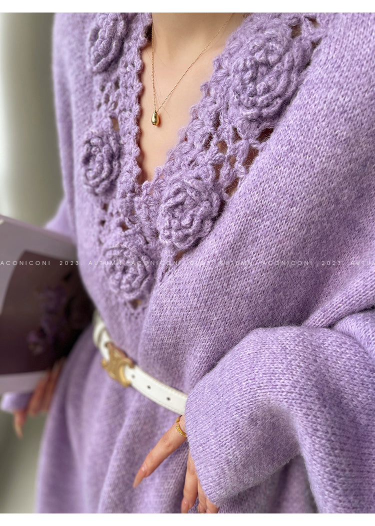 Aconiconi|Purple Flower Crochet openwork long cropped loose wool knit sweater  dress - Twilight