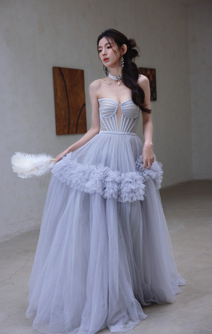 DOLLY Elegant Fog Blue strapless Bandeau High Waist Tutu wedding Dress- vero