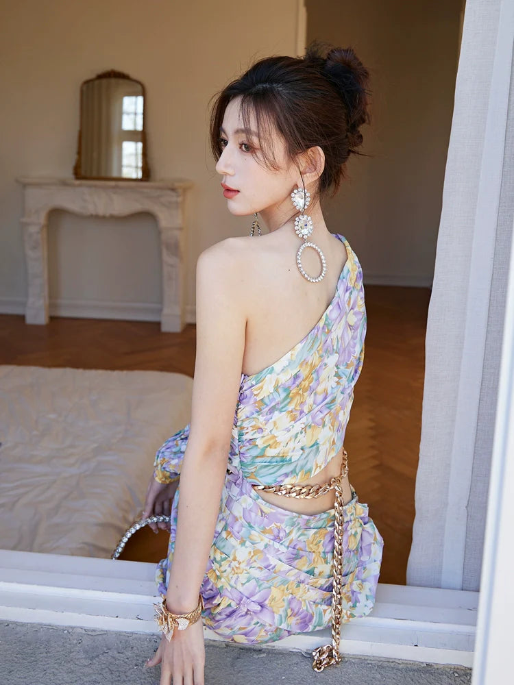 DOLLY Luxury Floral One Sleeve Off Shoulder Waist Baring Slit Resort Dress-LYRA