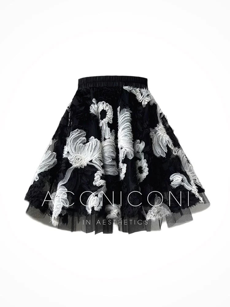 Aconiconi Elegant Black Retro Flower Embroidered High Waist Midi Skirt- Cedar Late Forest