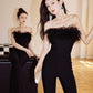 DOLLY High End Black Sleeveless Feather Tube Top Long Flared Pant Jumpsuit- Poel