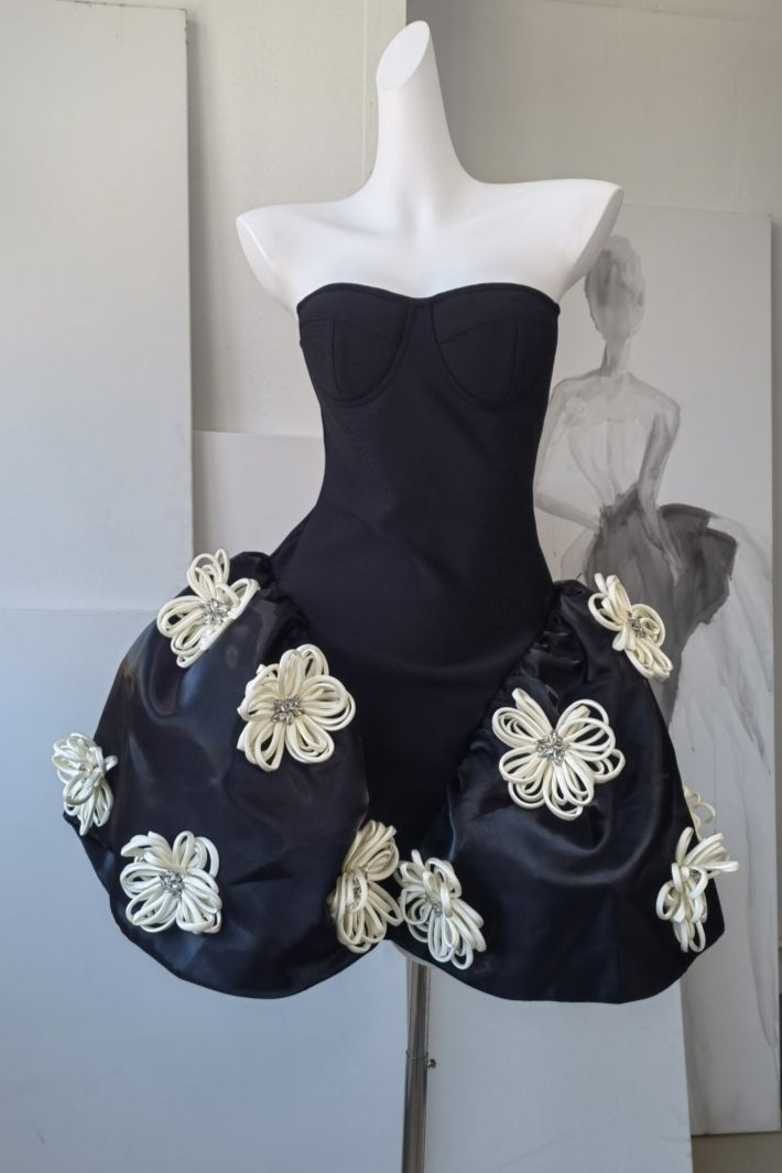 DOLLY Luxury Black Strapless Chet Wrap Flower Embroidered Tutu Cocktail Dress-Losa