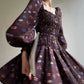 Aconiconi Autumn Floral print French A line brown cottage Dress- Samba Moon