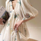 Aconiconi Elegant  Retro Floral Print V-Neck Short Sleeve Holiday Long Dress-Tingting Qingyao