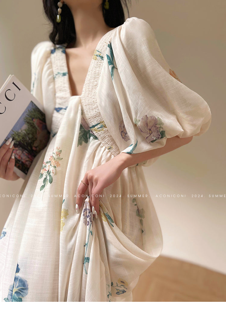 Aconiconi Elegant  Retro Floral Print V-Neck Short Sleeve Holiday Long Dress-Tingting Qingyao