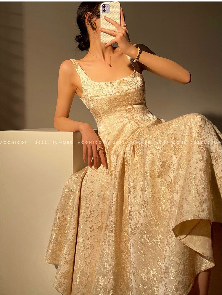 Aconiconi Light luxury gilt French jacquard midi Bridal dress - Twilight