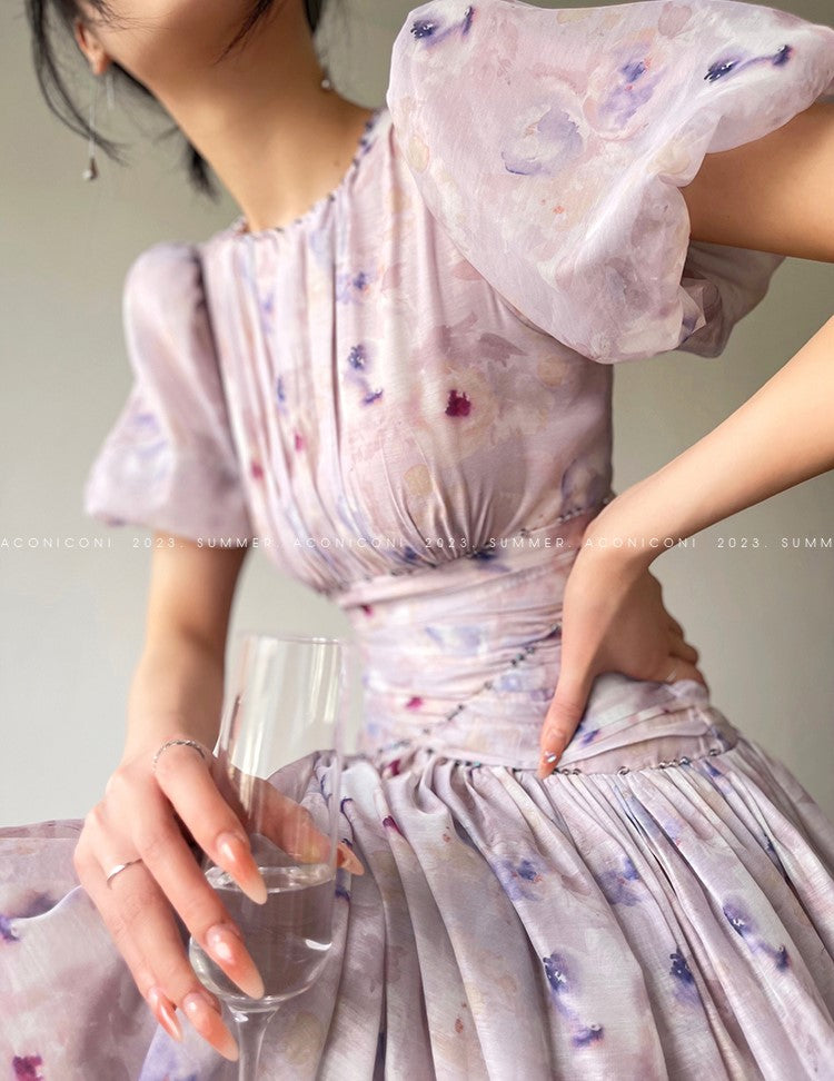 Aconiconi Luxury French Lilac Short Puff Sleeves Dress- Butterfly Dancing Firefly