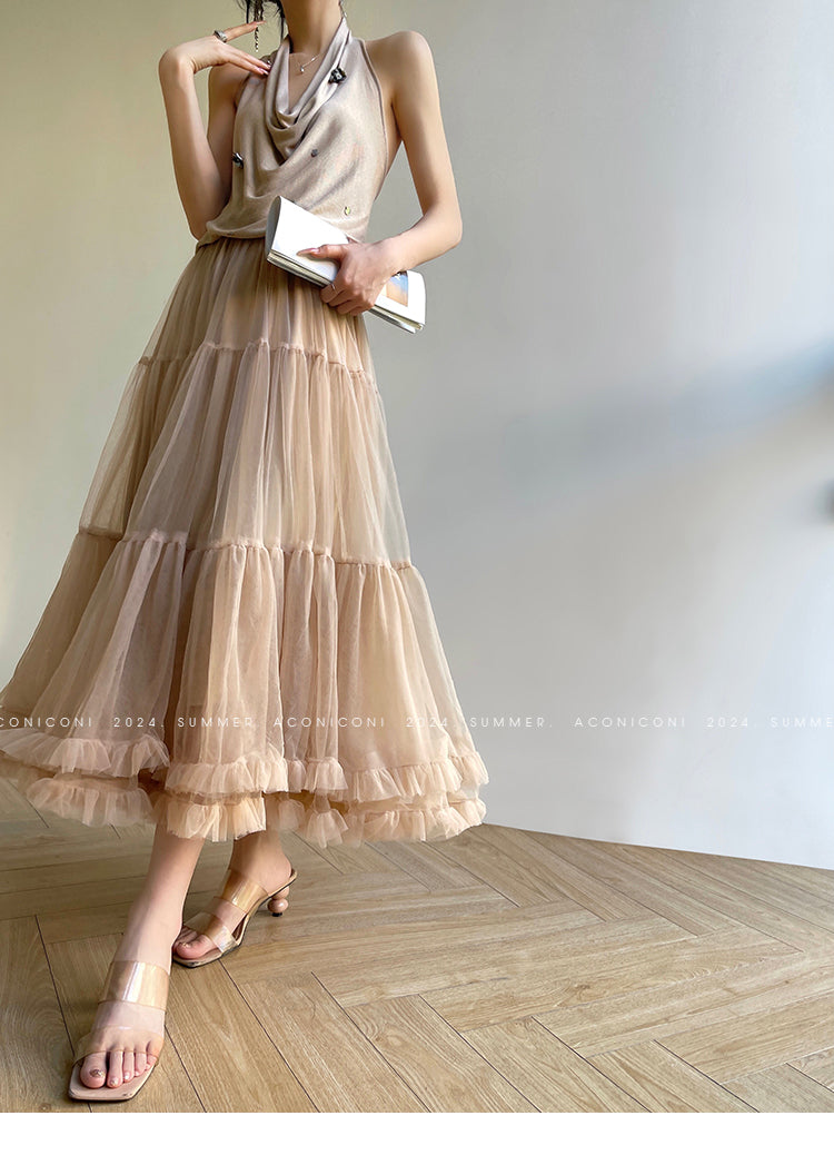 Aconiconi Elegant High Waist Ruffle Mesh Princess Long midi layered Skirt- Quiet Shadow Quicksand