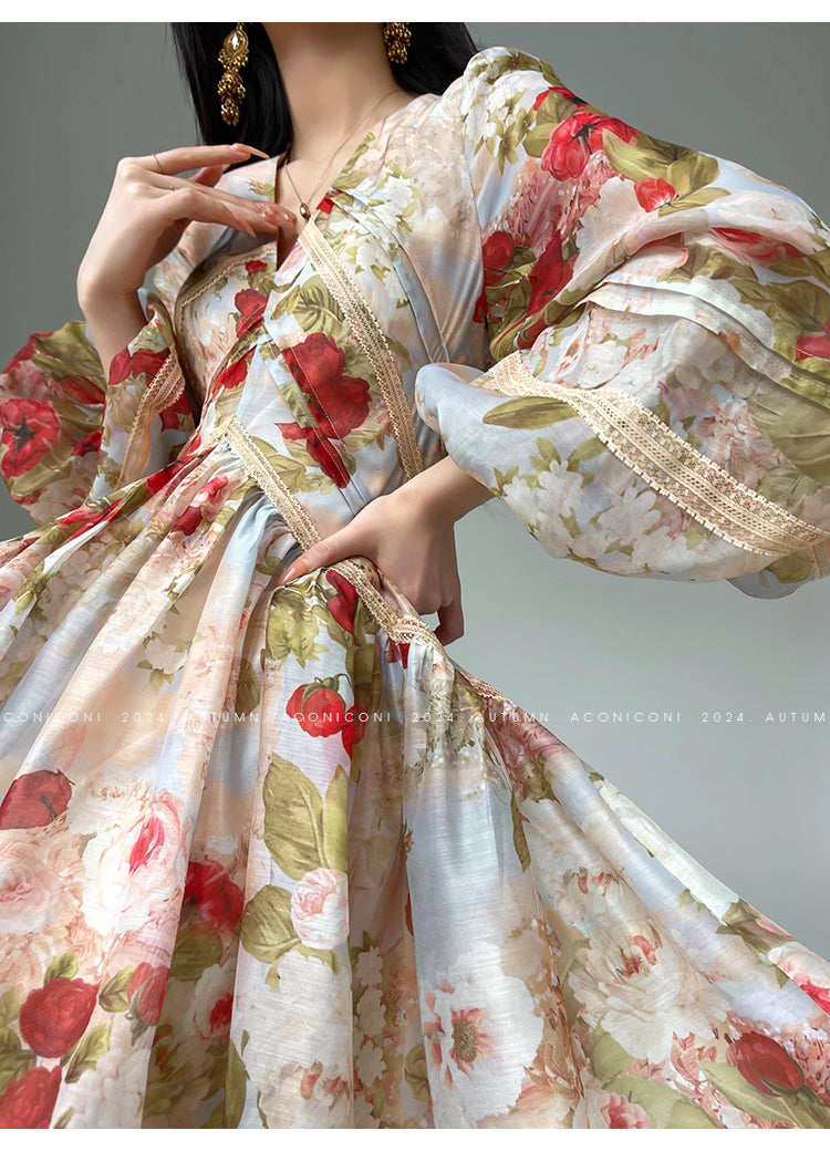 Aconiconi Elegant French Floral Print V-Neck Lantern Sleeve short Dress- Hanano Hatsugaki