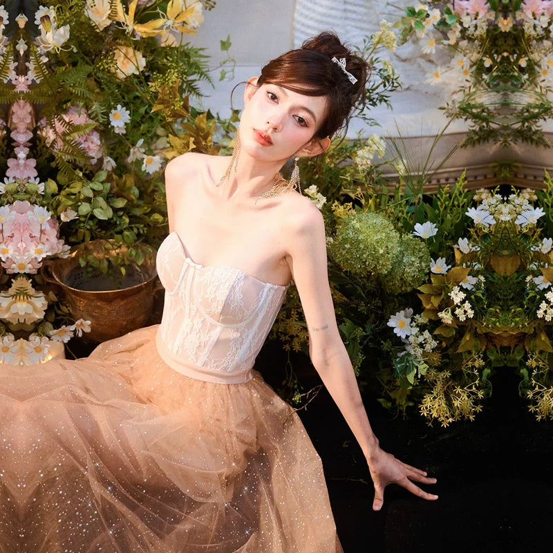 DOLLY Elegant Fake Two Piece Sleeveless Tube Top Sequin Long Dress-POLA