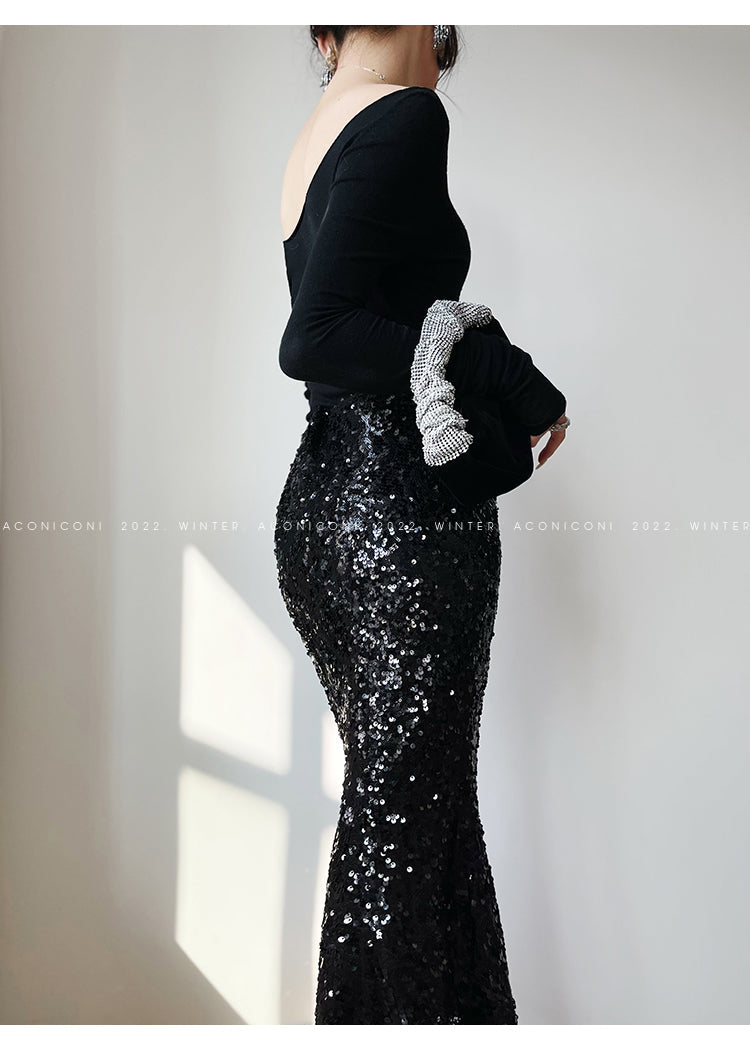 Aconiconi Luxury  Sequin Mermaid White/Black Long Skirt- Mermaid's Tears