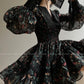 Aconiconi Elegant French Print Retro V-Neck Lace Tea Dress- Night Rose