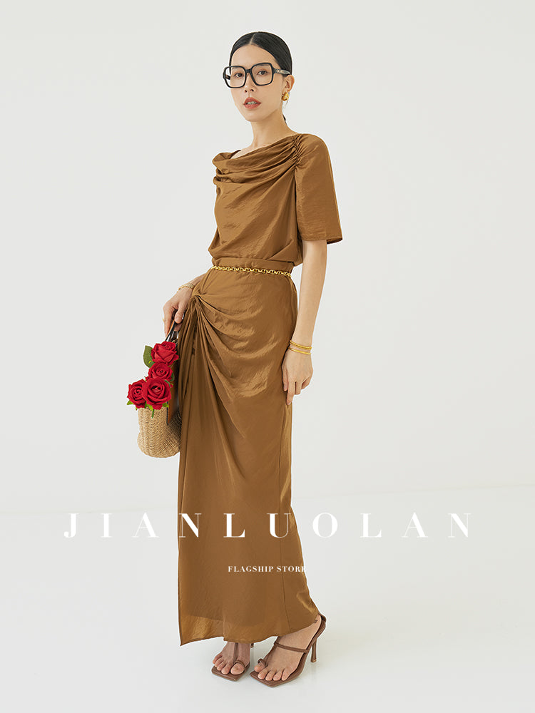 Huanzi custom pleated short-sleeved top + high-waisted heavy kneaded pleated shape split skirt suit