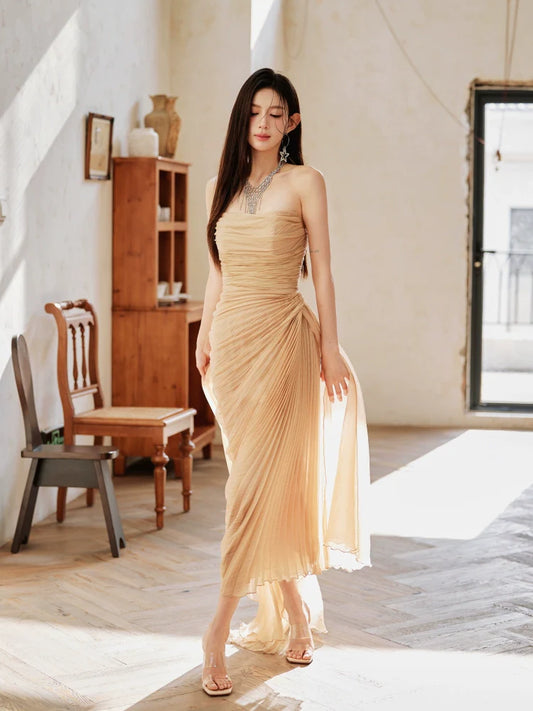 DOLLY High End Apricot Sleeveless Bandeau Slim Fit Pleated Cocktail Dress- Samai