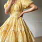 Aconiconi Elegant Yellow V-NeckPuff Sleeve Vacation Dress- Manshan