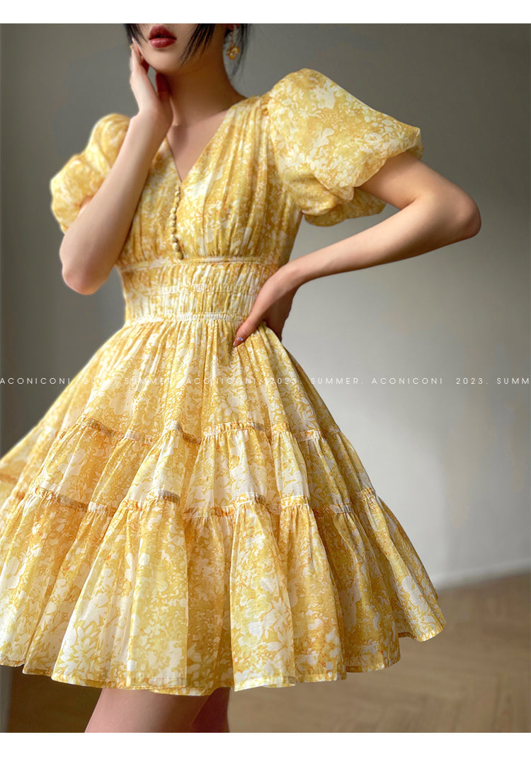 Aconiconi Elegant Yellow V-NeckPuff Sleeve Vacation Dress- Manshan