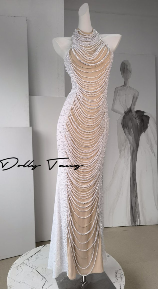 DOLLY High End Off White Halter Neck Pearl Handmade wedding bridal Dress-Kiki