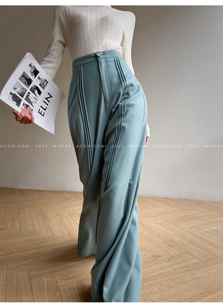 Aconiconi Elegant Black Sea Blue wide leg Long Chic Pants- Black Tea Salt Lake